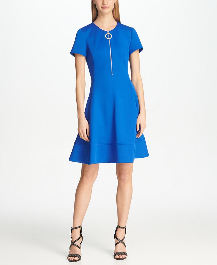 DKNY Short Sleeve Logo Zip Front Fit & Flare Dress - Macy's
