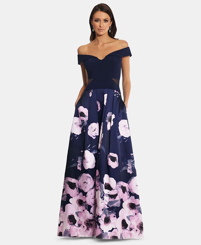 XSCAPE Petite Off-The-Shoulder Floral-Print Gown - Macy's