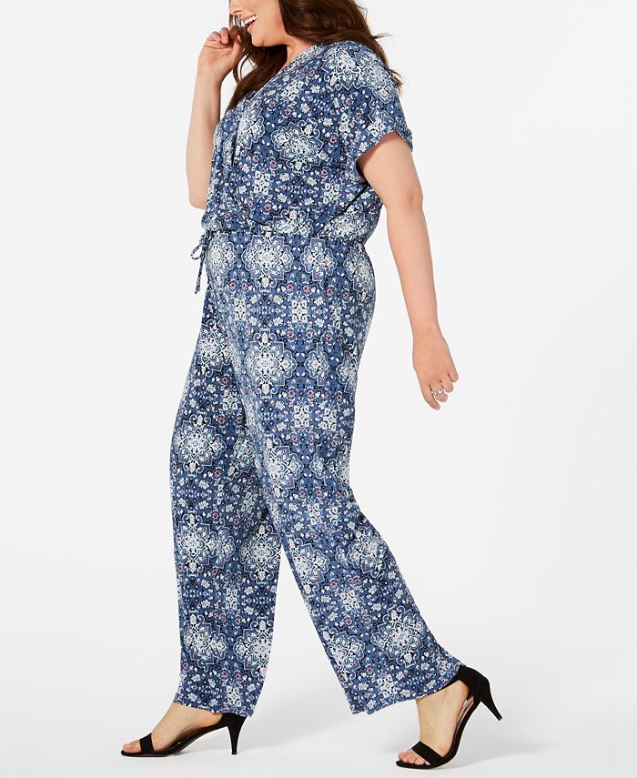 Style & Co Plus Size Printed Wide-Leg Jumpsuit, Created for Macy's - Macy's