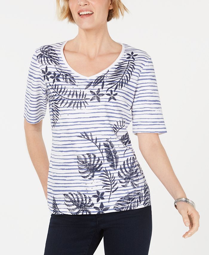 Karen Scott Womens Cotton Embellished Neck Top Blue Size Medium main image 0