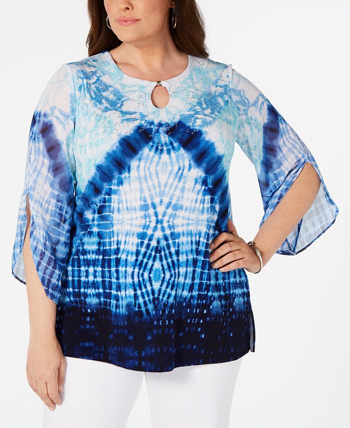 JM Collection Plus Size Tie Dye Studded Keyhole Top, Created for Macy's ...