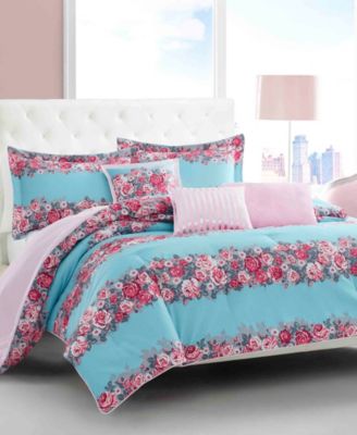 Betsey Johnson - Banded Floral Betsey Blue Floral Comforter Bonus Set, Twin