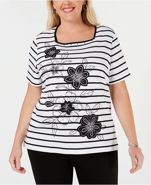 Alfred Dunner Plus Size Cayman Islands Striped Embellished Top
