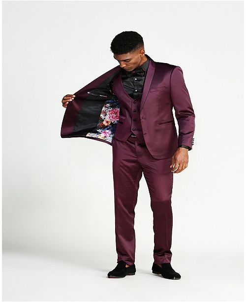 Men's 3 Piece Sharkskin Tuxedo with black satin lapel trim - Three Piece Suit