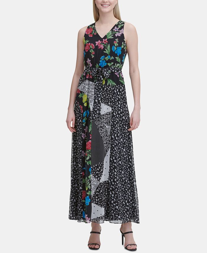 Calvin Klein Sleeveless Mixed-Print Maxi Dress - Macy's