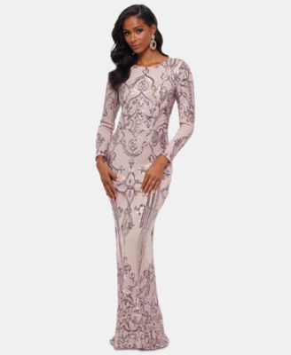 betsy and adam long sleeve sequin gown