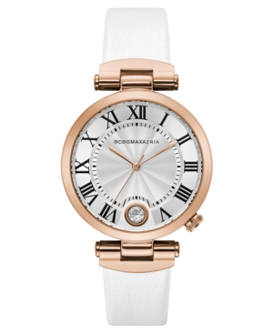 image of Bcbgmaxazria Ladies Round White Genuine Leather Strap with T Bar Attachment Watch, 38mm