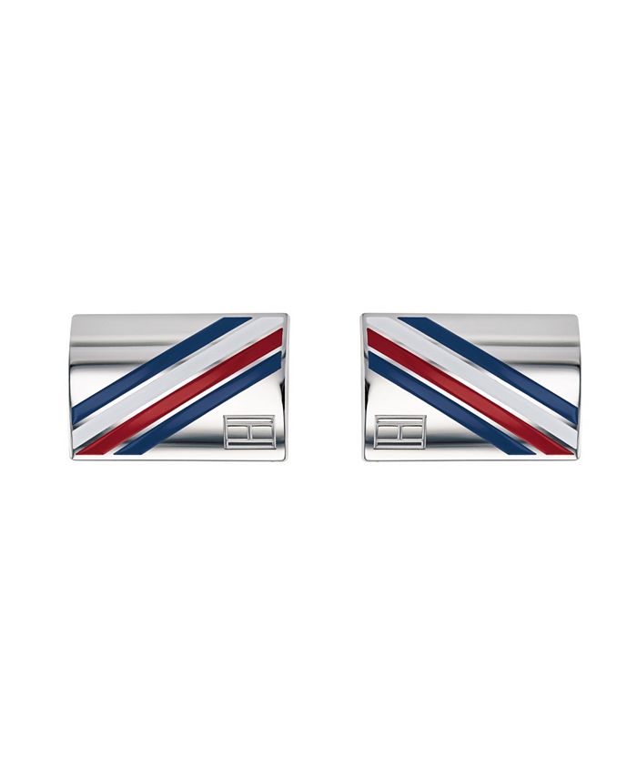 Tommy Hilfiger Men's Stainless Steel MultiStone Logo Striped Cufflinks