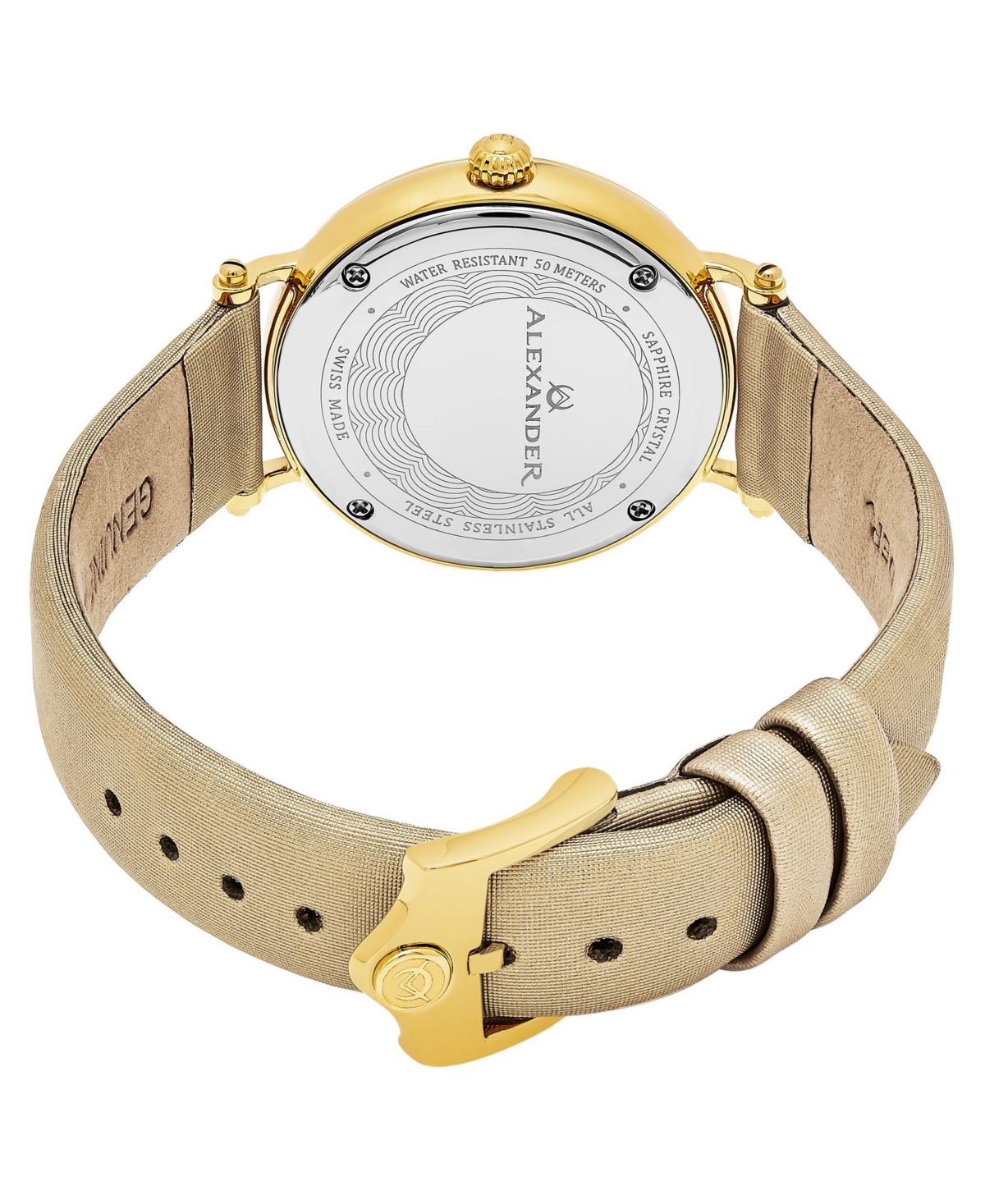 Alexander Watch , Ladies Quartz Small-Second Watch with Yellow Gold Tone Stainless Steel Case on Gold Satin Strap