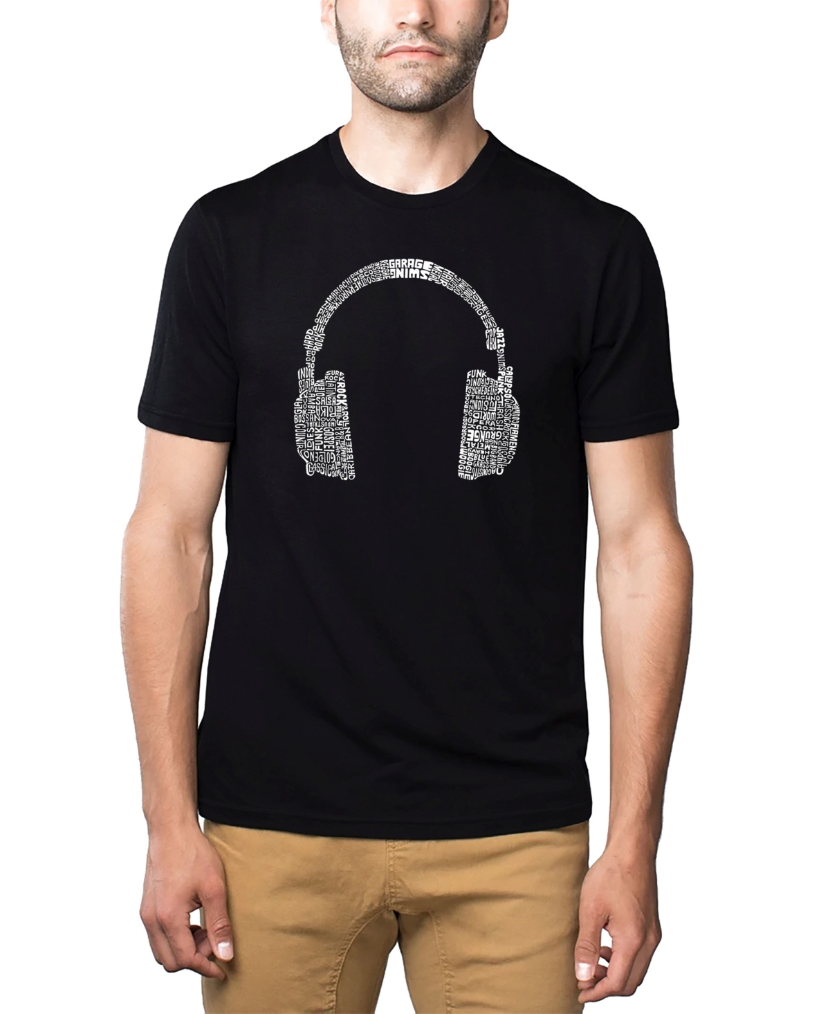 Mens Premium Blend Word Art T-Shirt - Headphones - Music Genres - Black