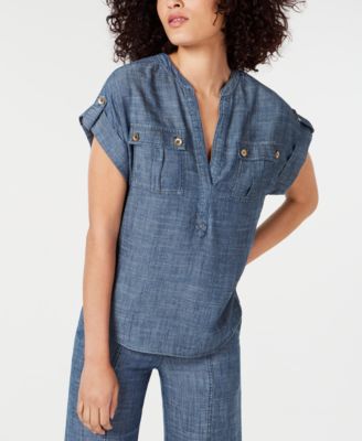 Trina Turk - Caution Cuffed-Sleeve Split-Neck Top