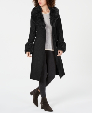 French Connection Belted Faux Fur Trim Coat In Black Modesens