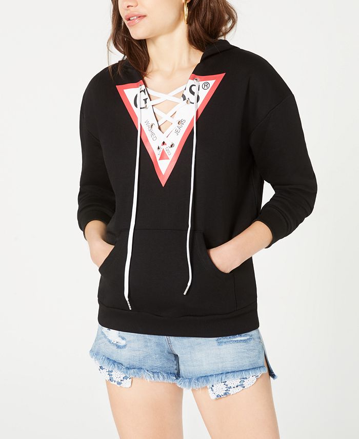 GUESS Triangle-Logo Lace-Up Hoodie & Reviews - Tops - Women - Macy's