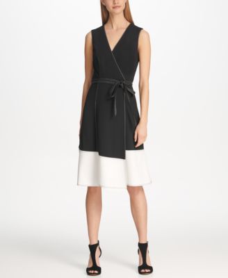 DKNY - Contrast Stitch Colorblock Faux Wrap Dress