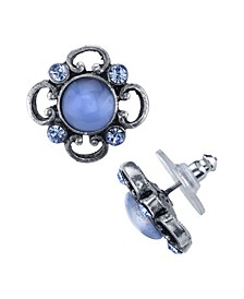 Pewter Tone Lt. Blue Moonstone and Crystal Accent Post Button Earrings