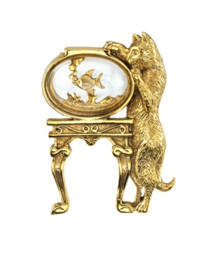 image of 2028 14K Gold-Dipped Crystal Cat and Fish Bowl Pin