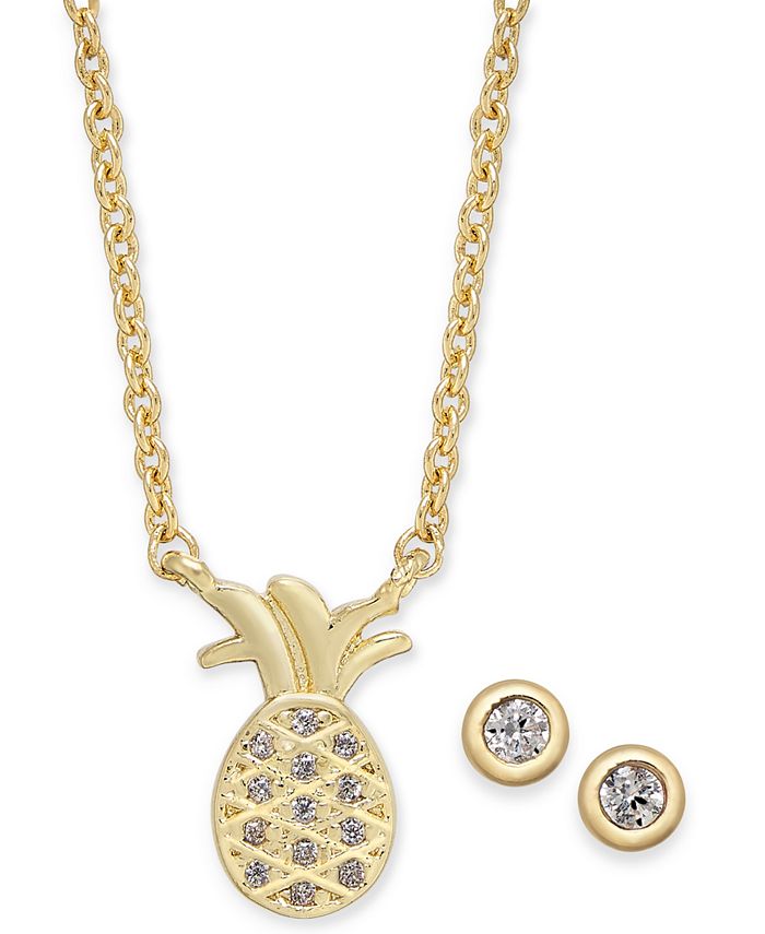 Kitsch Gold Tone Crystal Pineapple Pendant Necklace Stud