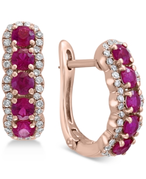 image of Effy Certified Ruby (1-1/4 ct. t.w.) & Diamond (1/4 ct. t.w.) Hoop Earrings in 14k Rose Gold