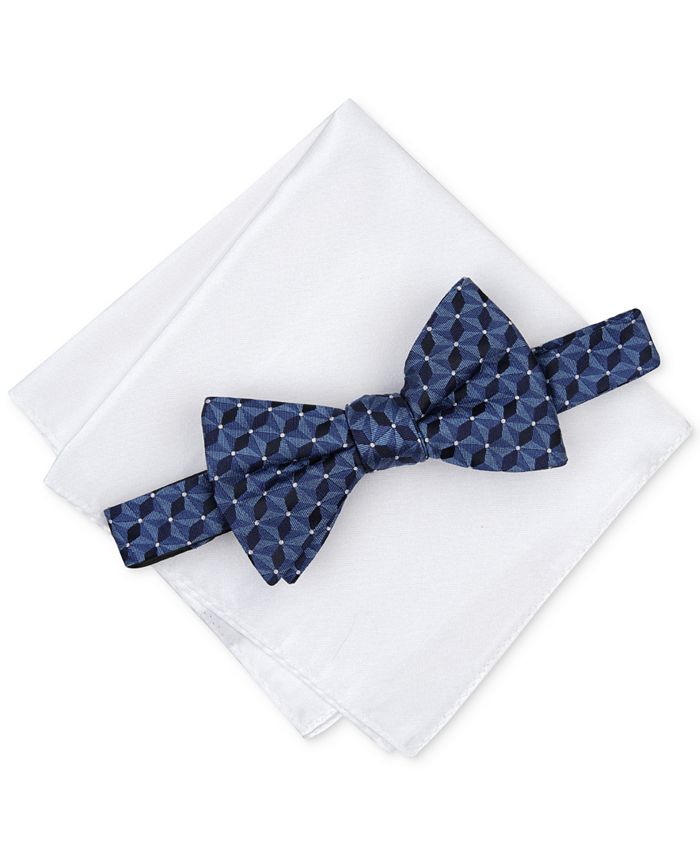 Alfani Men's PreTied Geometric Bow Tie & Solid Pocket Square Set