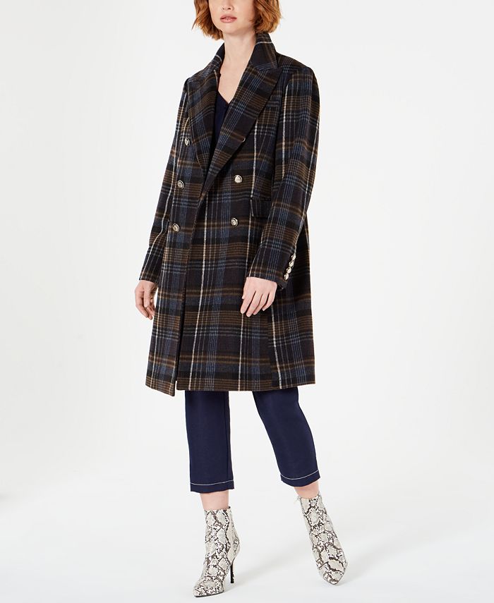 Vince Camuto Double-Breasted Plaid Coat with Faux-Fur-Collar - Macy's