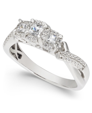 image of Diamond Princess Halo Three Stone Engagement Ring (1/2 ct. t.w.) in 14k White Gold