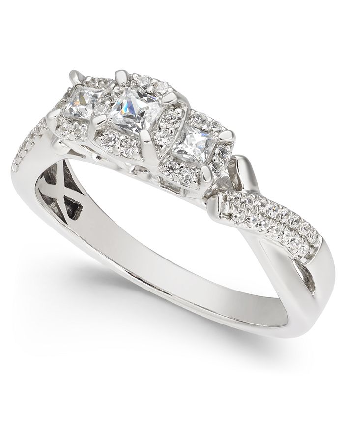 Macy's - Diamond Princess Halo Three Stone Engagement Ring (1/2 ct. t.w.) in 14k White Gold