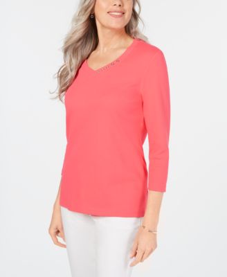 Karen Scott - Cotton V-Neck Button-Trim Top