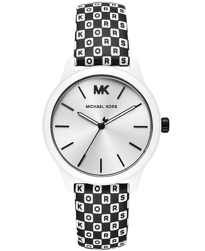 Michael Kors Women's Slim Runway Black White Logo Leather Strap Watch ...