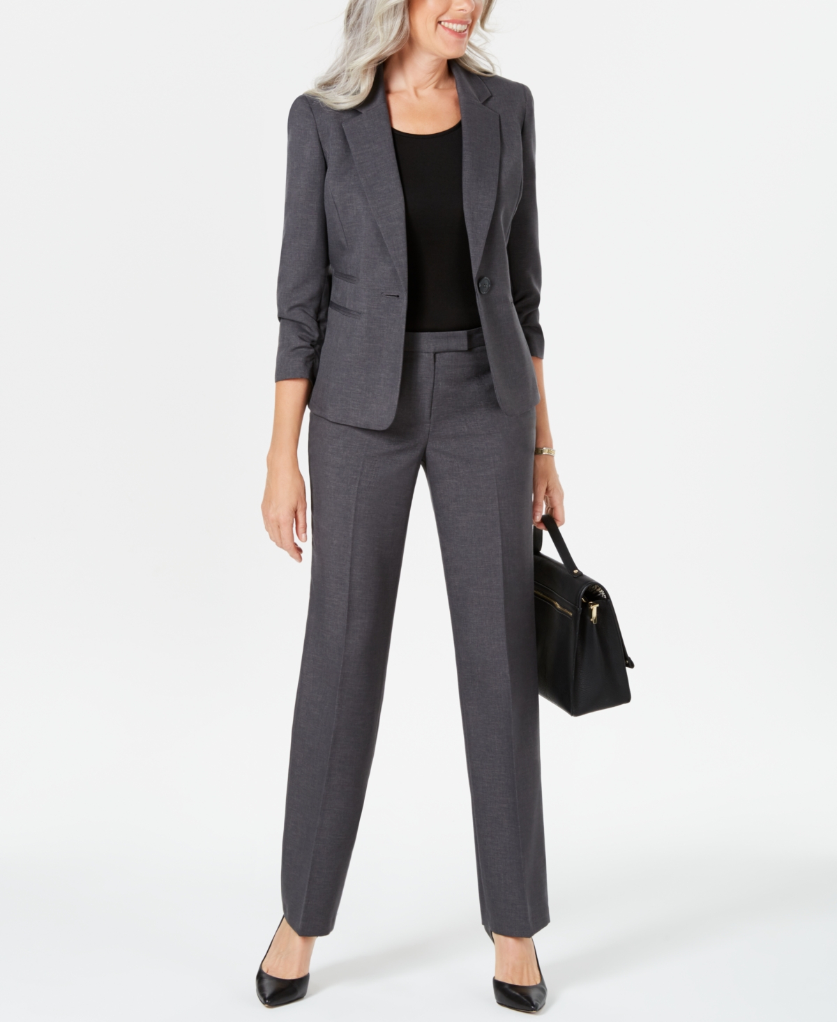 Ruched-Sleeve One-Button Pantsuit - Steel