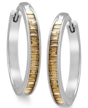 image of Sterling Silver Earrings, Champagne Diamond Baguette Hoop Earrings (1 ct. t.w.)