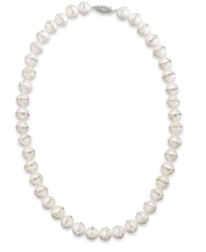 image of Sterling Silver Necklace, Cultured Freshwater Pearl (10-11mm) and Crystal Halo Necklace