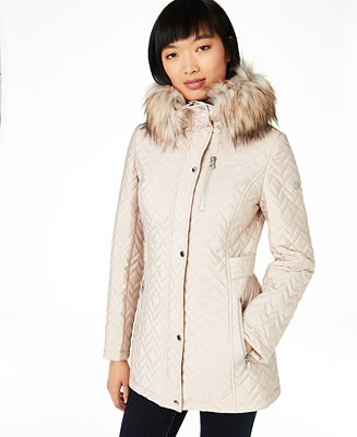 Calvin Klein Faux-Fur Trim Hooded Quilted Coat & Reviews - Coats ...