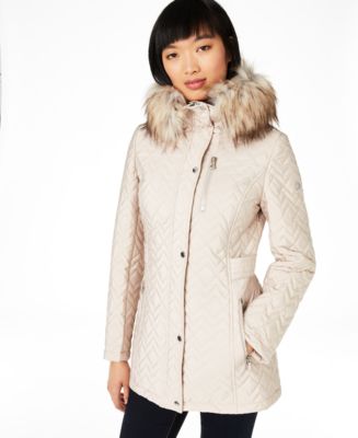 Calvin Klein Hooded Quilted Faux-Fur Trim Coat & Reviews - Coats & Jackets - Petites - Macy's