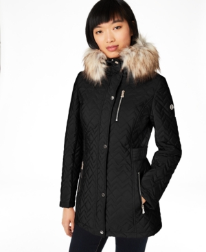 Calvin Klein Faux-fur Trim Hooded Quilted Coat In Black | ModeSens