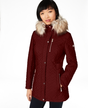 CALVIN KLEIN FAUX-FUR TRIM HOODED QUILTED COAT