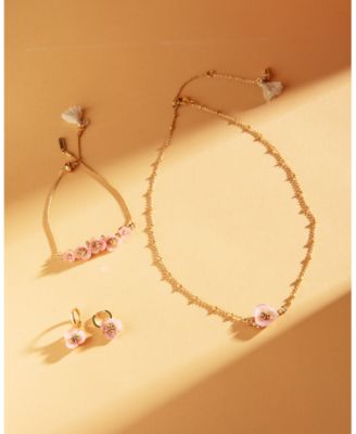 Gold-Tone Imitation Mother-of-Pearl Flower Drop Off Small Hoop Earrings   