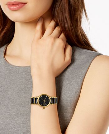 Rado - Women's Swiss Automatic Centrix Diamond-Accent Black Ceramic & Gold-Tone PVD Stainless Steel Bracelet Watch 28mm
