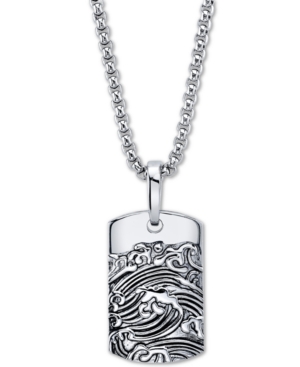 image of He Rocks Wave Motif Dog Tag Pendant Necklace In Stainless Steel, 24