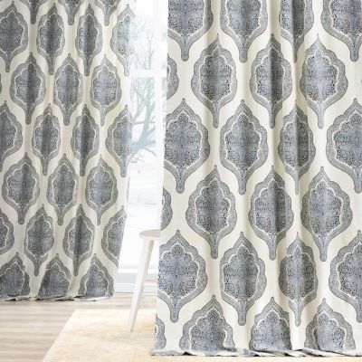 Arabesque Blue Emblem Printed Cotton Room Darkening Curtain
