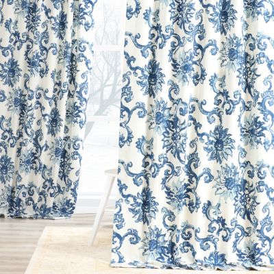 Indonesian Blue Floral Printed Cotton Room Darkening Curtain