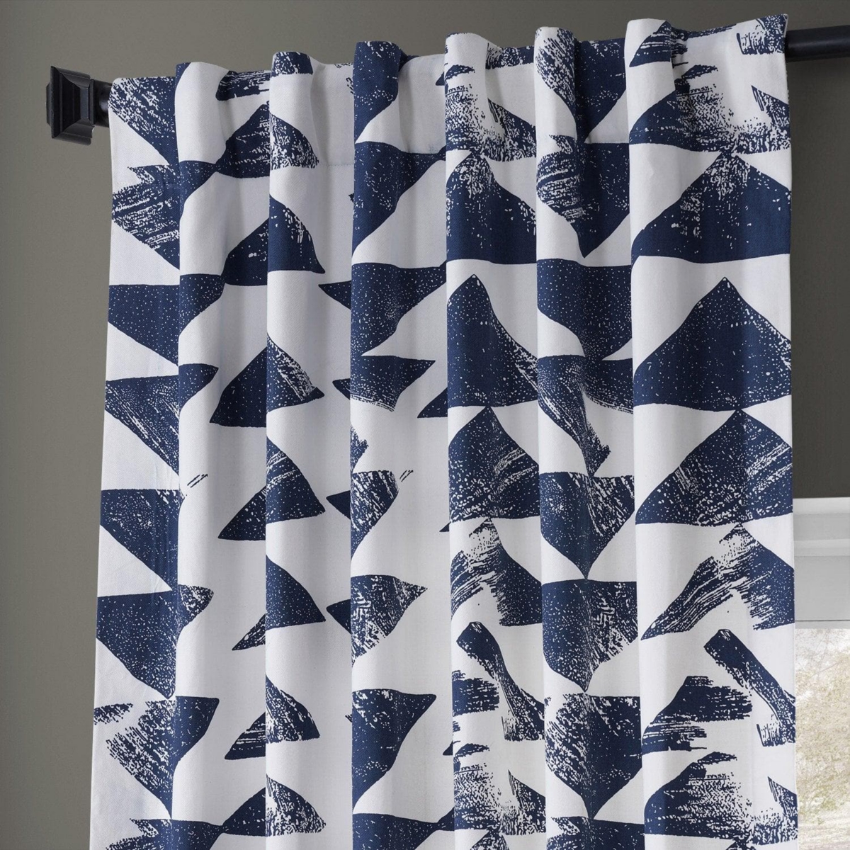 Half Price Drapes Triad Indigo Geometric Printed Cotton Room Darkening Curtain