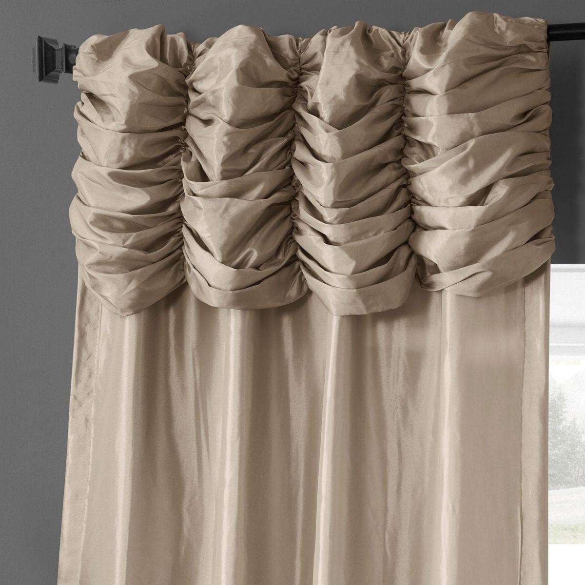 Half Price Drapes Antique Beige Ruched Solid Faux Silk Taffeta Room Darkening Curtain