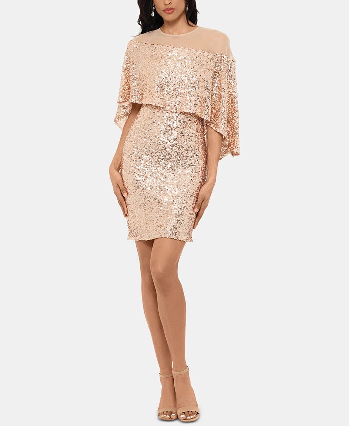 betsy & adam sequin & mesh overlay gown