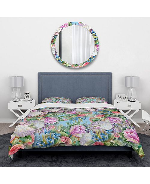 Design Art Designart Pink Flower Pattern On Blue Vintage Duvet