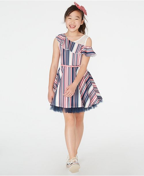 Beautees Big Girls Ruffled Belted Skater Dress Bow Clip