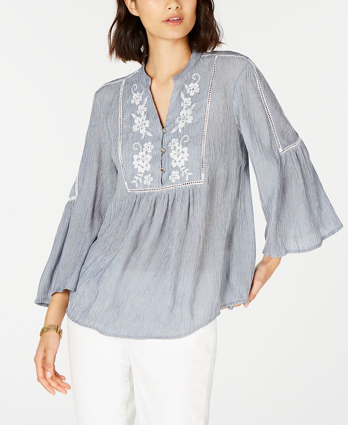 Tommy Hilfiger Embroidered Crinkle Peasant Top, Created for Macy's - Macy's
