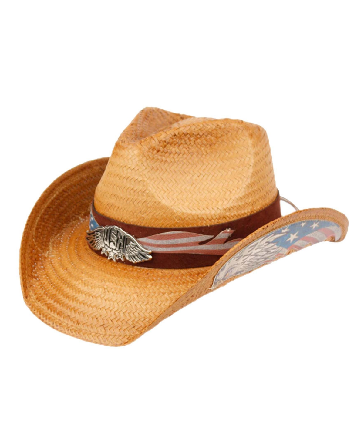 Angela & William Cowboy Hat with Eagle Badge and American Flag Band - Natural
