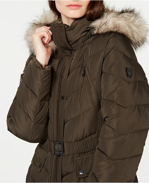 Vince Camuto Hooded Faux Fur Trim Belted Puffer Coat Created For Macy S Reviews Coats Women Macy S