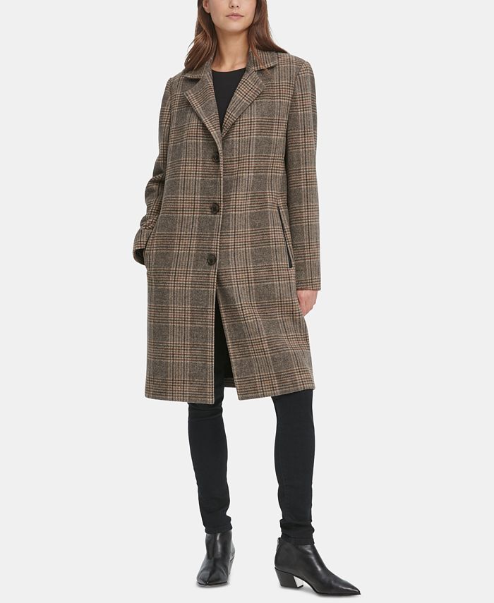 DKNY Plaid Faux-Leather-Trim Walker Coat, Created for Macy's - Macy's