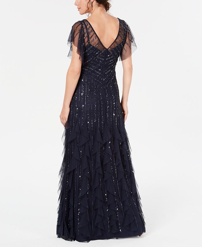 Adrianna Papell Flutter-Sleeve Beaded Gown - Macy's